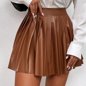 brown PU leather pleated mini skirt chic classy contemporary